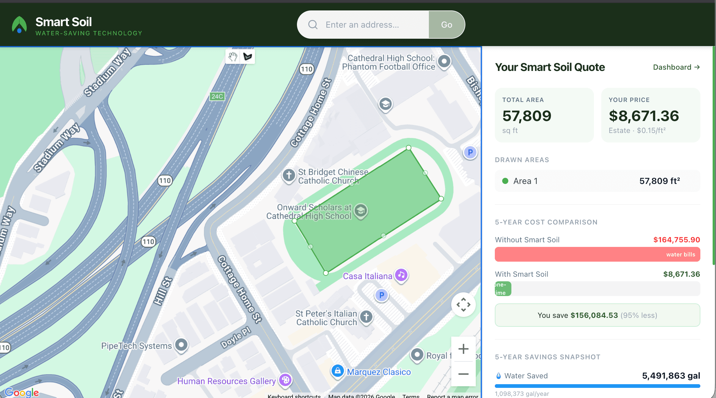 SmartSoil Estimator GIS quote tool calculating area, pricing, and water savings from a drawn map perimeter.
